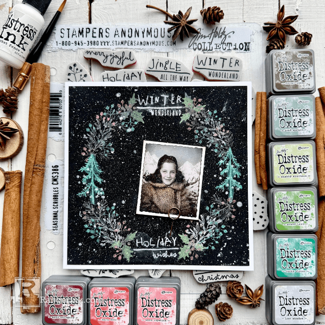 Tim Holtz Distress Mini Oxides Christmas Wreath Card by Dominique Bennani