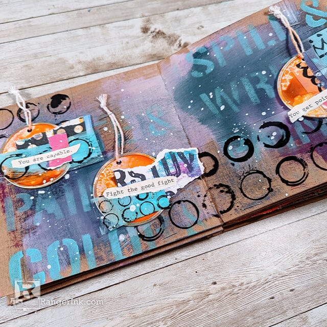 Dina Wakley Metal Rimmed Tags Journal Spread by Laura Dame