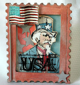 Distress Patriotic Uncle Sam in Postage Stamp Frame