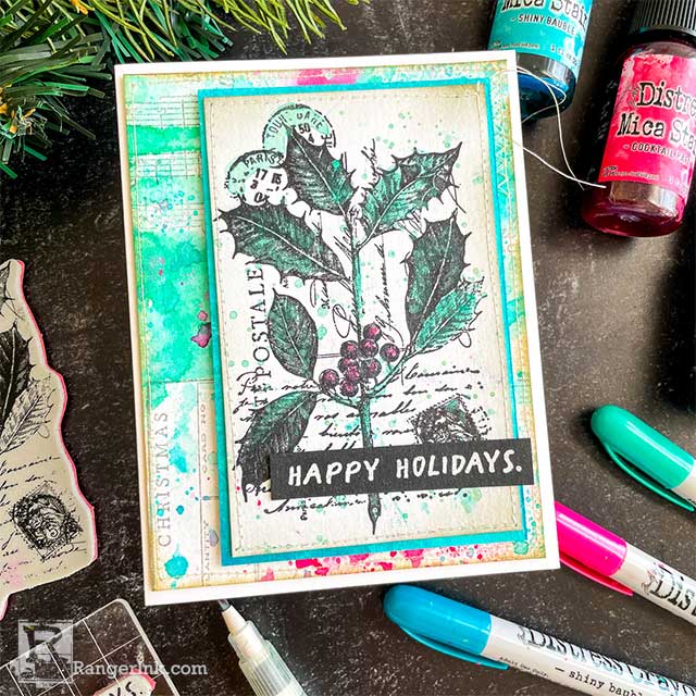 Distress Festive Shimmer Holly Card by Cheiron Brandon
