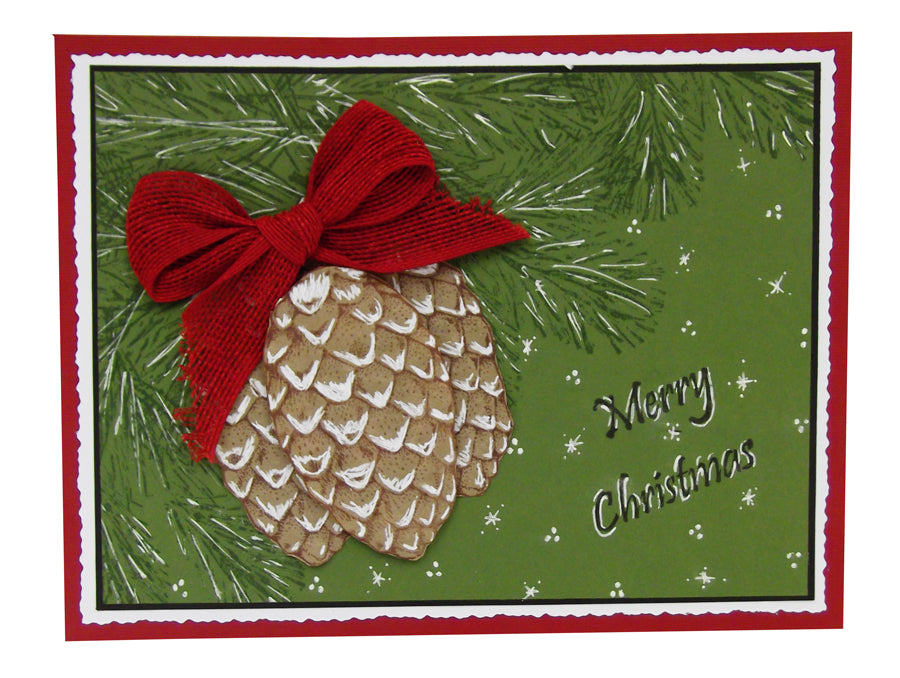 White Pen Pinecone Christmas Card By Roni Johnson