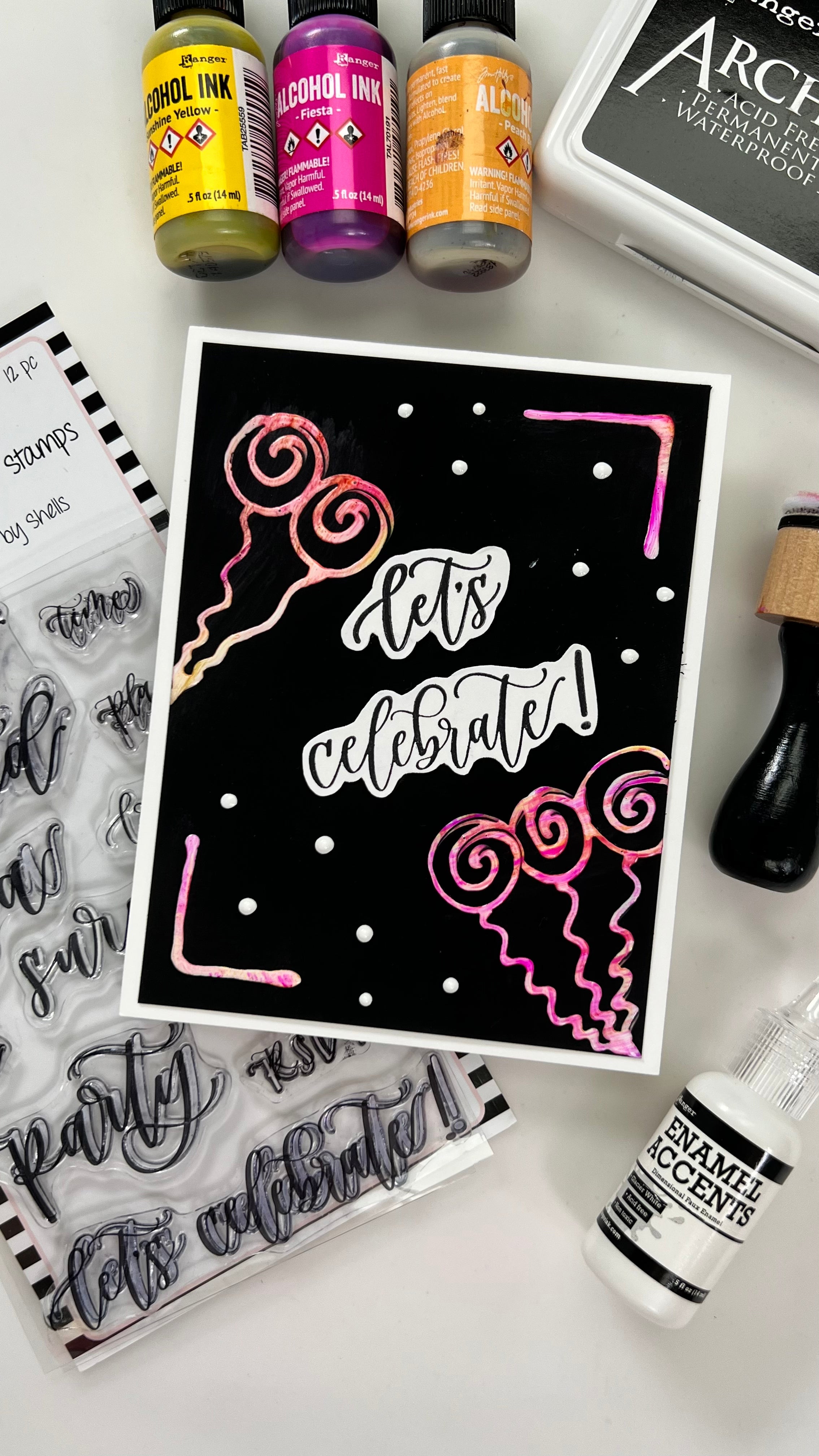White Accents & Alcohol Inks Celebration Card