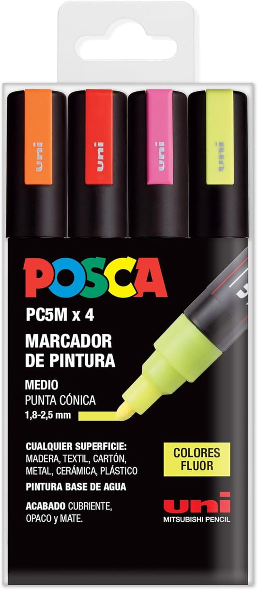 Uni Posca 5M Medium Paint Marker Set Fluorescent, 4pk Writing & Coloring Posca 