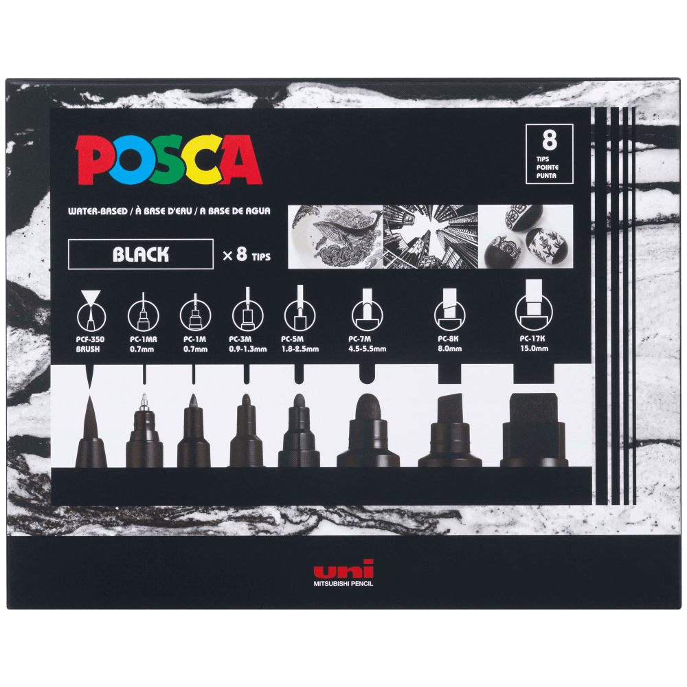 Uni Posca Paint Marker Set Black, 8pk Writing & Coloring Posca 